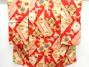 アンティーク　源氏車に草花模様着物